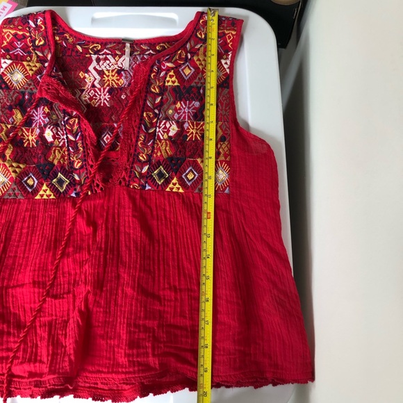 Free People Lohri Red Embroidered bohemian tank top with key hole tie tassels - Picture 4 of 7